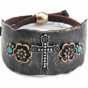 Rustic Turquoise Bead Accent Flower Cross Cuff Adjustable Strap Bracelet